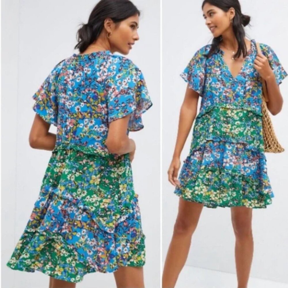 ANTHROPOLOGIE Robin Floral Tiered dress | Blue Green Pink